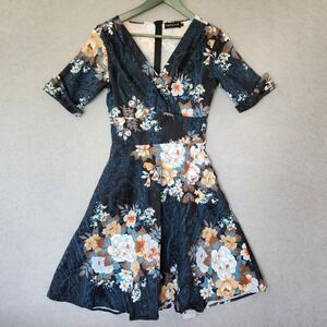 Mint Limit Dress‎ L 50's Style V neck A-Line Flare Skirt Navy Blue Floral Print